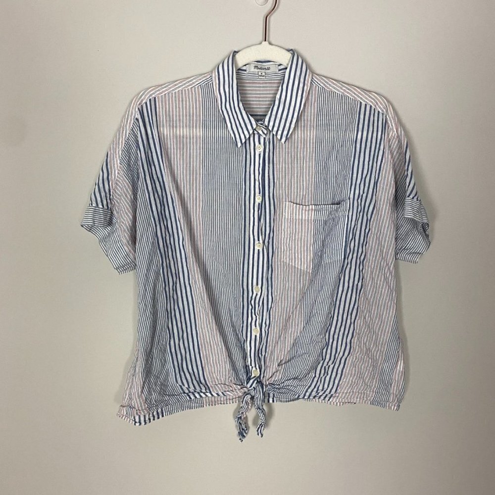 Madewell Short-Sleeve Tie-Front Shirt in Rawley Stripe Womens Medium